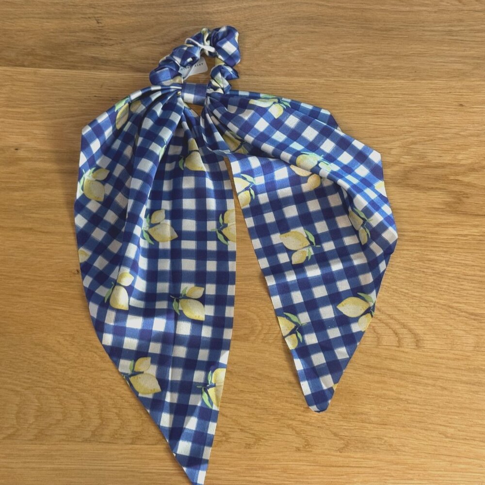 FRASIER STERLING Satin Hair Scarf Scrunchie, Ciao Bella Blue Gingham with Lemon